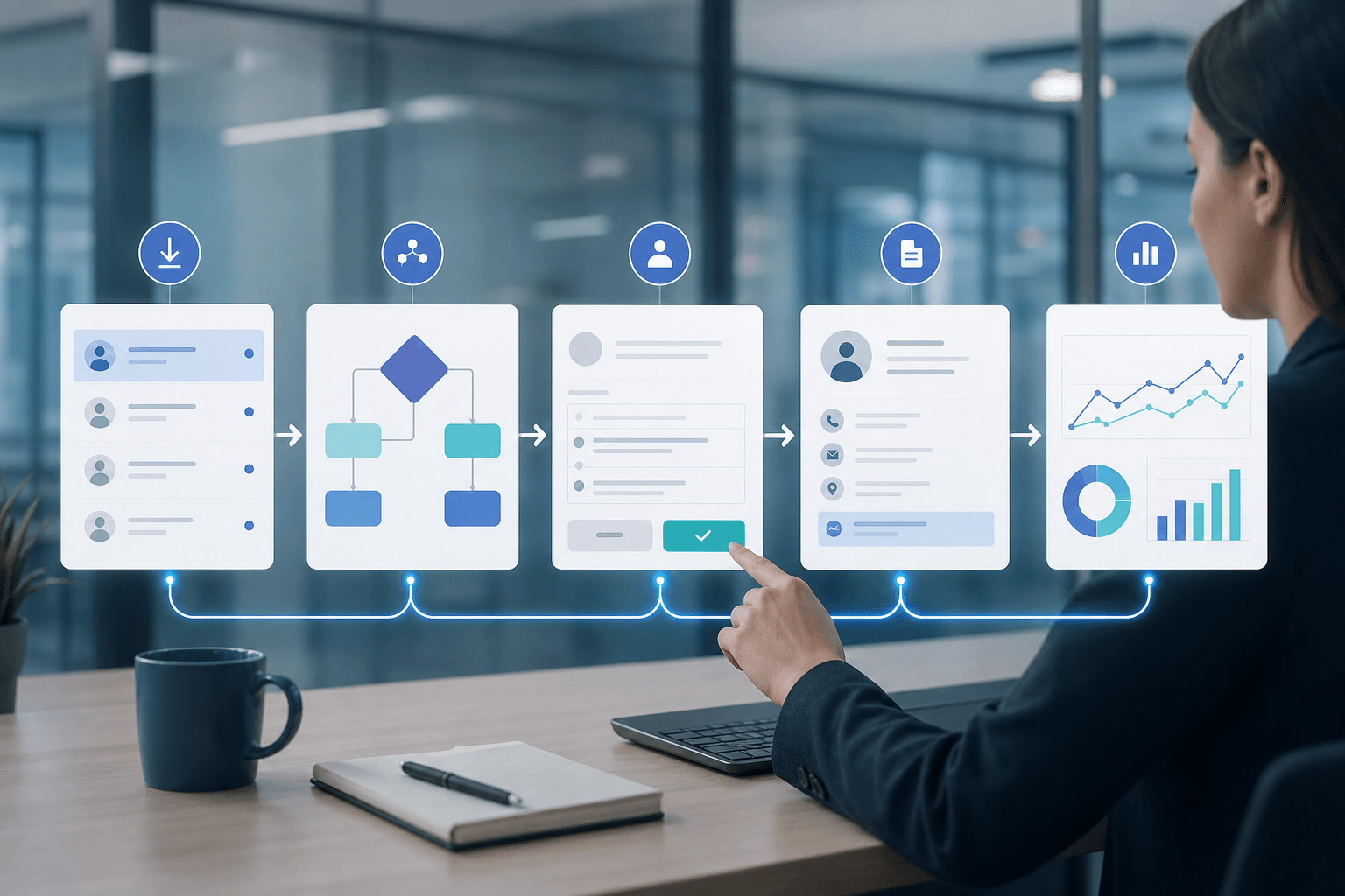 Editorial illustration of an AI workplace agent workflow connecting inbox triage, human review, CRM updates, and reporting dashboards.